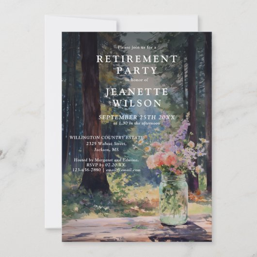 Invitation Fête de retraite florale forestière rustique aquar (Devant)