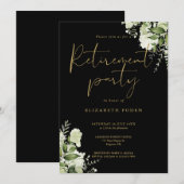 Invitation Fête de retraite florale verte et or noir (Devant / Derrière)