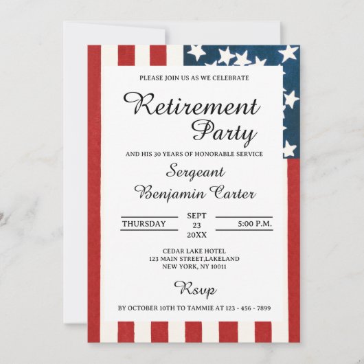 Invitation Fête de retraite militaire avec drapeau américain  (Devant)