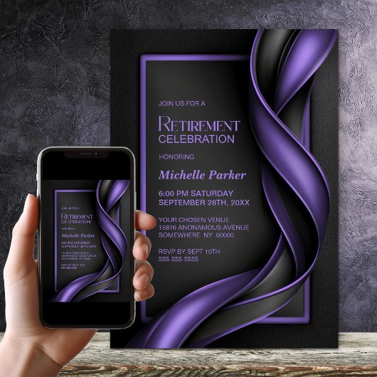 Invitation Fête de retraite moderne noire et violette