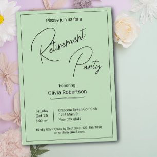 Invitation Fête de retraite noir et vert pâle minimaliste
