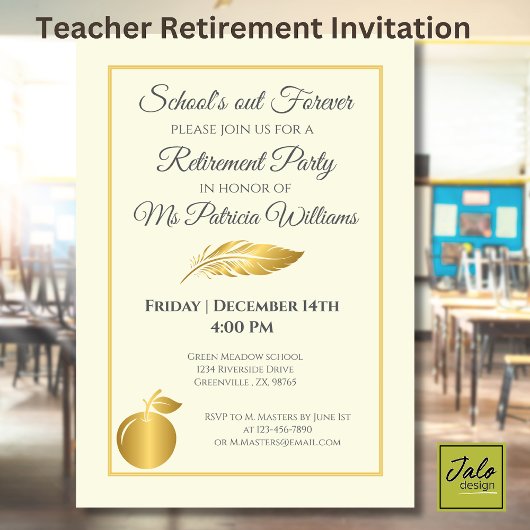 Invitation Fête de retraite Pastel Doré des Enseignants Éléga