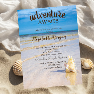 Invitation Fête de retraite Plage adorable, Vagues, Coquillag