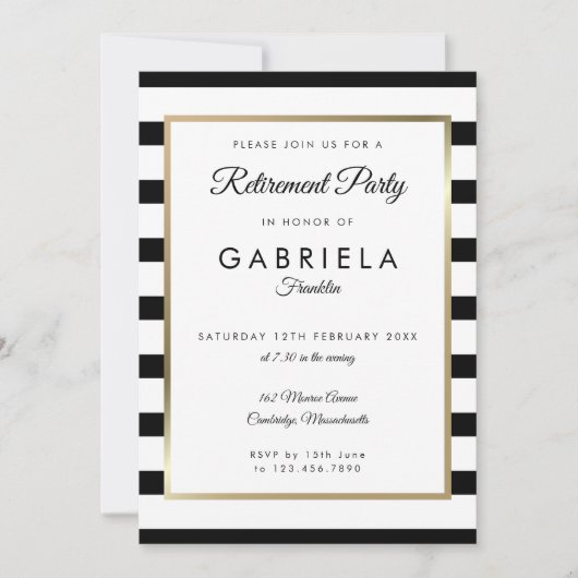 Invitation Fête de retraite rayure noir et blanc or (Devant)