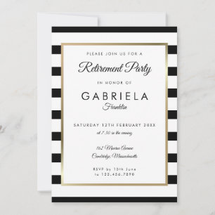 Invitation Fête de retraite rayure noir et blanc or