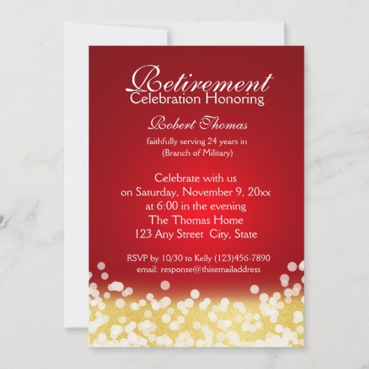 Invitation Fête de retraite Red and Gold Sparkle Lights (Devant)