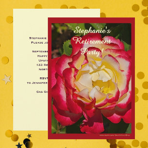 Invitation Fête de retraite Rose rouge et or Floral Macro