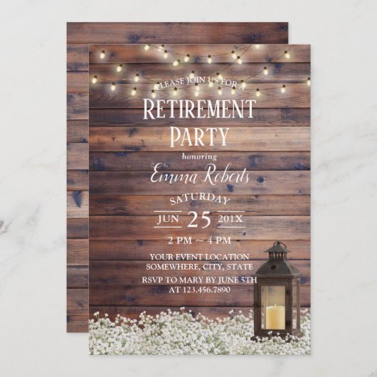 Invitation Fête de retraite Rustic Barn Lantern String (Devant / Derrière)