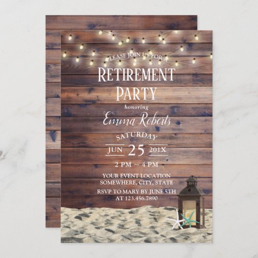 Invitation Fête de retraite Rustique Beach Lantern & Starfish (Devant / Derrière)