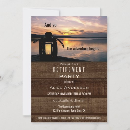 Invitation Fête de retraite Rustique Lake Lantern Sunset (Devant)