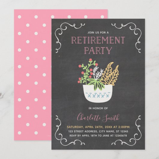 Invitation Fête de retraite tableau noir rose Pot de fleurs (Devant / Derrière)