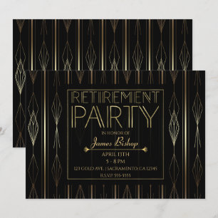 Invitation Fête de retraite Thème Art Déco Noir et Or