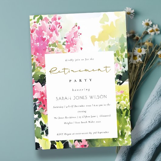 Invitation Fête de retraite tropicale rose et vert Bougainvil