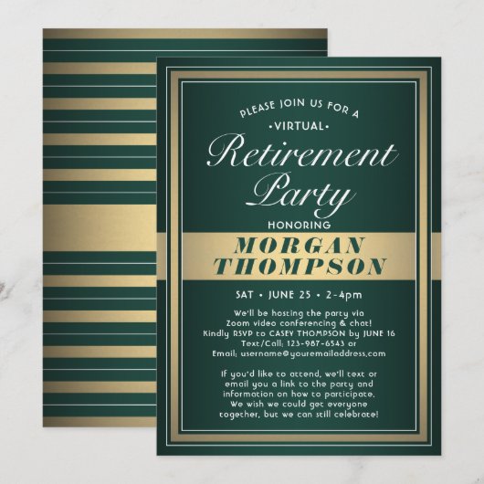 Invitation Fête de retraite virtuelle verte et or (Devant / Derrière)