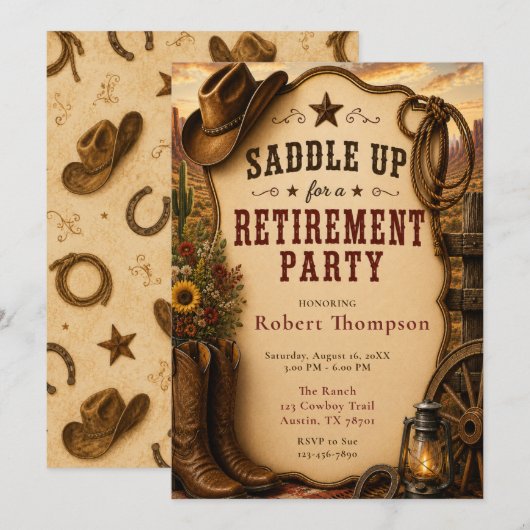 Invitation Fête de retraite western (Devant / Derrière)