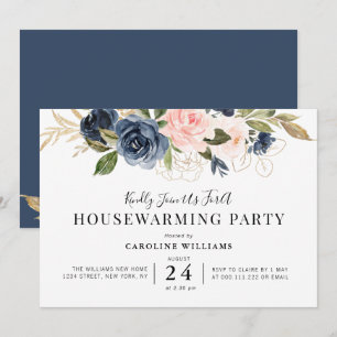 Invitation fête de réveil florale bleu marine et rousse