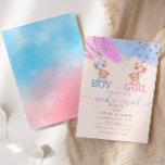 Invitation Fête de révélation de genre garçon ou fille bleu e<br><div class="desc">Un garçon mignon ou une fille en peluche genre dévoilent l'invitation de la fête avec parties scintillant or et aquarelle bleu & rose éclaboussure.</div>