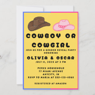 Invitation Fête de Révélation du Sexe Cowboy Cowgirl