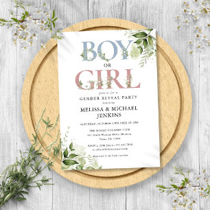 Invitation Fête de Révélation du Sexe de Bébé avec Feuillage