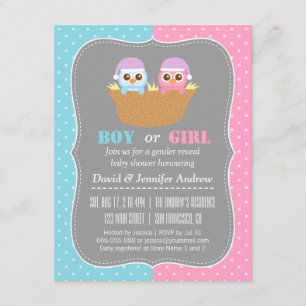 Invitation Fête de révélation du sexe de bébé chouette à pois