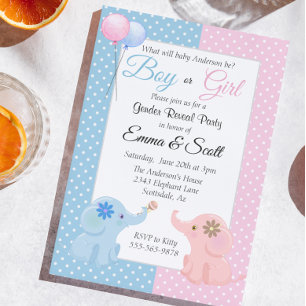 Invitation Fête de Révélation du Sexe de Bébé Éléphant Rose B