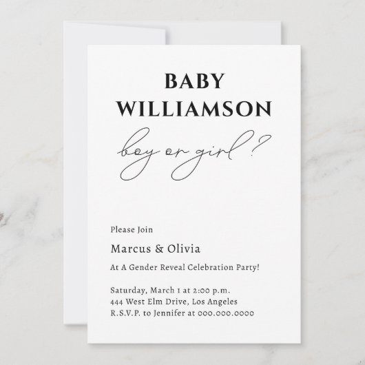 Invitation Fête De Révélation Sexe Simple Pour Garçon Ou Fill (Devant)