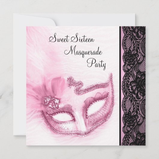 Invitation Fête de seize ans rose et noir masquée (Devant)