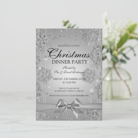 Invitation Fête de Silver Christma Glitter Winter Bow (Debout devant)