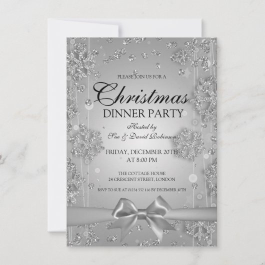Invitation Fête de Silver Christma Glitter Winter Bow (Devant)