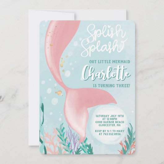 Invitation Fête de sirène à éclaboussures Anniversaire sous l (Devant)