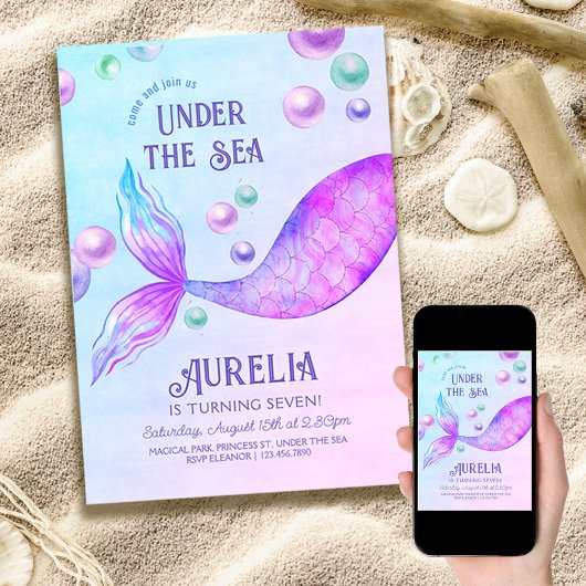 Invitation Fête de sirènes, n'importe quel âge Filles Anniver