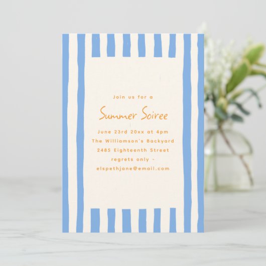 Invitation Fête de soirée d'été jaune rayée peinte en bleu (Debout devant)