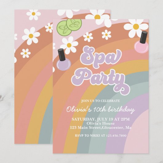 Invitation Fête de Spa rétro Anniversaire Arc-en-ciel (Devant / Derrière)