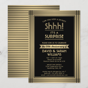 Invitation Fête de Surprise d'Anniversaire Élégante Noir et O