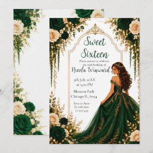 Invitation Fête de Sweet Sixteen aux fleurs d'or vert émeraud