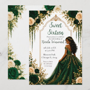 Invitation Fête de Sweet Sixteen aux fleurs d'or vert émeraud