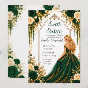Invitation Fête de Sweet Sixteen aux fleurs dorées vert émera