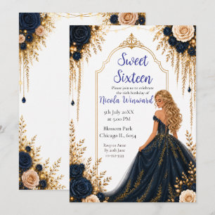 Invitation Fête de Sweet Sixteen aux fleurs navales et dorées