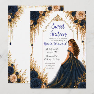 Invitation Fête de Sweet Sixteen aux fleurs navales et dorées