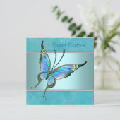 Invitation Fête de Sweet sixteen bleu papillon turquoise (Debout devant)