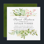 Invitation Fête de Sweet sixteen du feuillage vert sauvage<br><div class="desc">Une belle carte d'invitation à la fête du Sweet sixteen avec aquarelle feuillage vert sauvage avec fleurs roses. Pour une personnalisation plus avancée de cette conception,  veuillez cliquer sur le bouton "Personnaliser" ci-dessus ! Des articles correspondants sont également disponibles.</div>