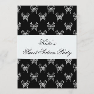 Invitation Fête de Sweet Sixteen élégante papillon noir et bl