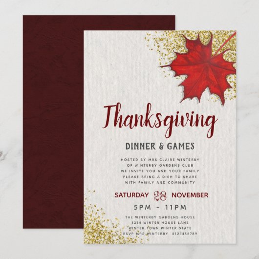 Invitation Fête de Thanksgiving avec feuille (Devant / Derrière)