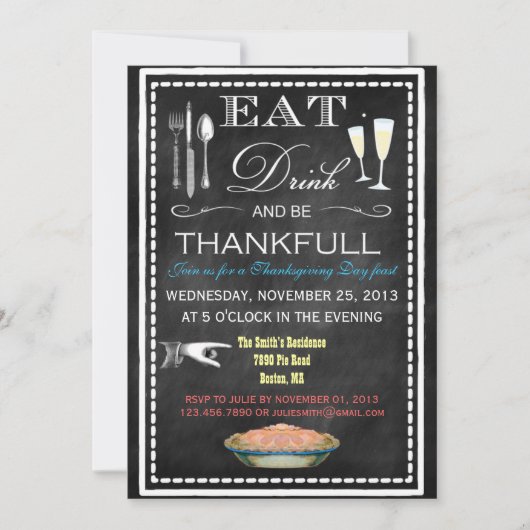 Invitation Fête de Thanksgiving sur tableau noir (Devant)