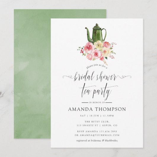 Invitation Fête de thé à la Fête des mariées florale Blush & (Devant / Derrière)