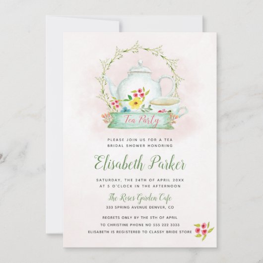 Invitation Fête de thé à l'aquarelle rose rose (Devant)