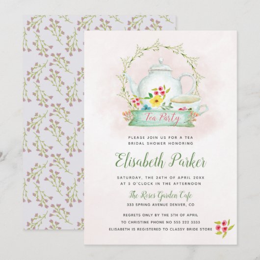 Invitation Fête de thé à l'aquarelle rose rose (Devant / Derrière)