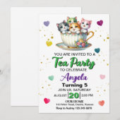 Invitation Fête de thé de chaton mignon Anniversaire tout âge (Devant / Derrière)