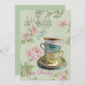 Invitation fête de thé de la douche de printemps à fleurs ros (Devant / Derrière)