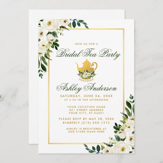 Invitation Fête de thé de la nuptiale Floral Green Gold Invit (Devant / Derrière)